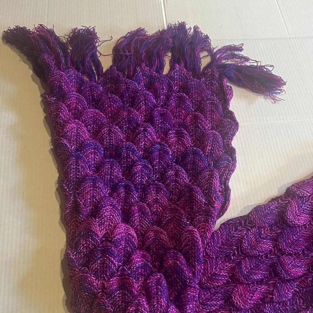 Purple pink and bluish knitted Mermaid Tail Blanket costume with fringe at ends